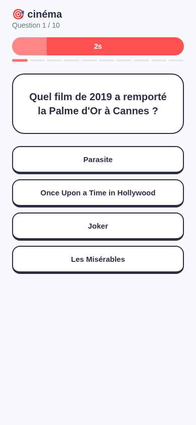 Écran de quiz QuizMeet, question chronométrée sur le cinéma